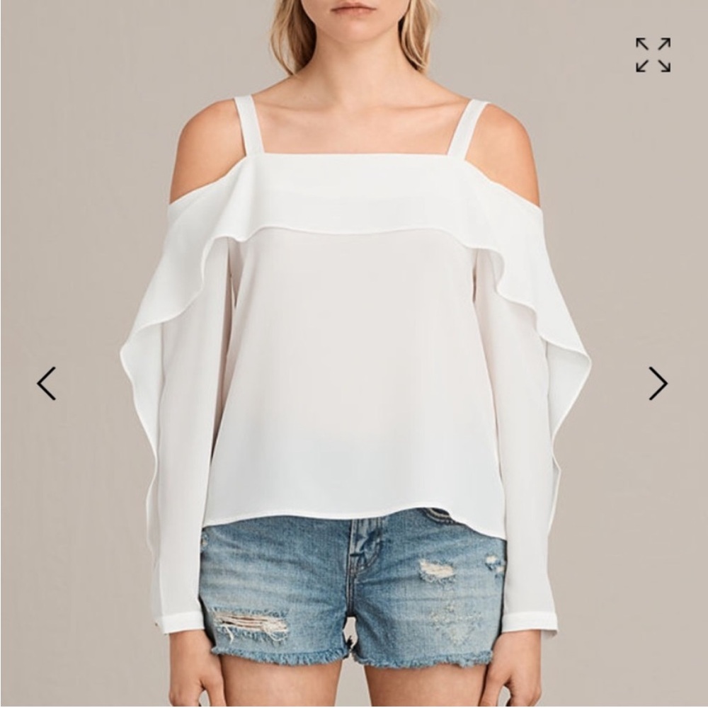 ALL SAINTS “Khan” White Sheer Silk Cold Shoulder Blouse M